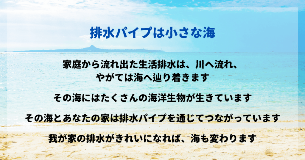 排水パイプは小さな海 
家庭から流れ出た生活排水は、川へ流れ、 やがては海へ辿り着きます 

その海にはたくさんの海洋生物が生きています 

その海とあなたの家は排水パイプを通じてつながっています

我が家の排水がきれいになれば、海も変わります